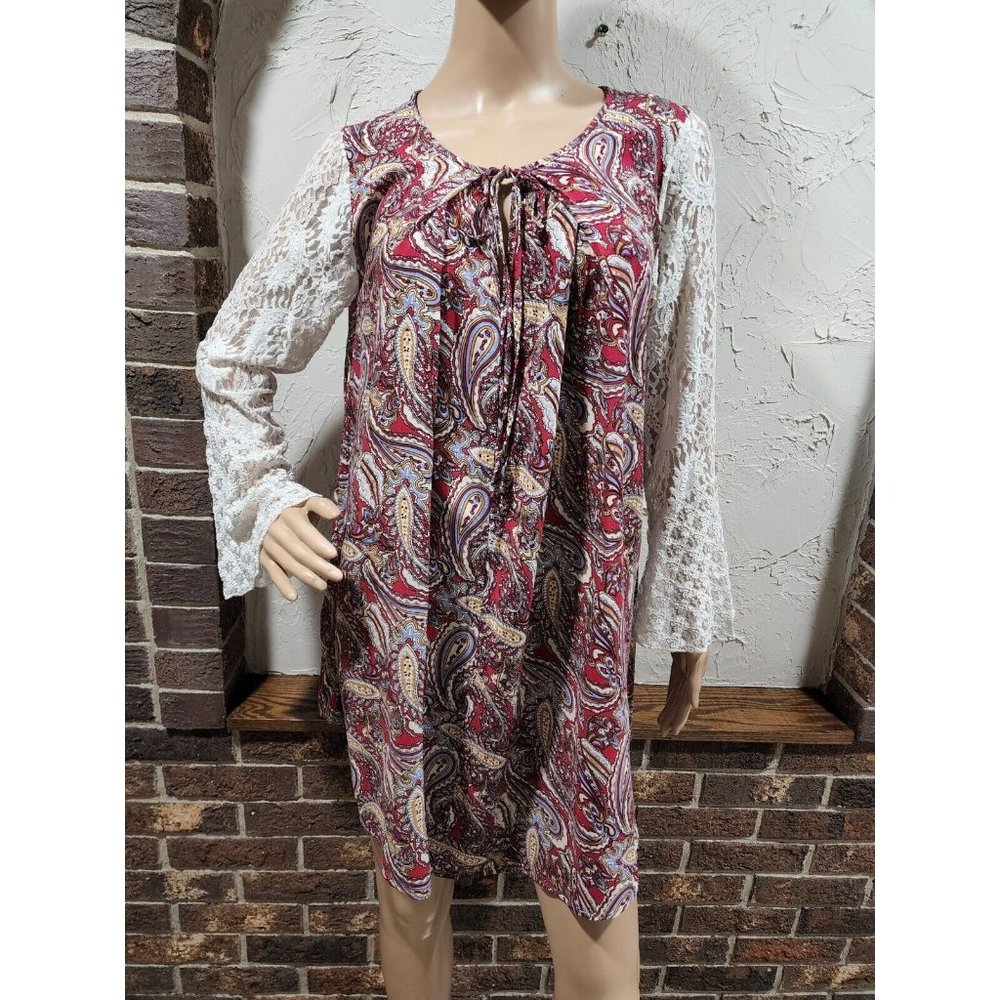 Umgee Womens Red Paisley Boho Tunic Dress Top Size Small Lace Bell Sleeves